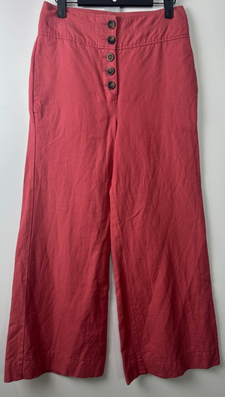 Boden Women Linen Wide Leg Trousers US 6R Pink High Rise Button Fly Pants A1